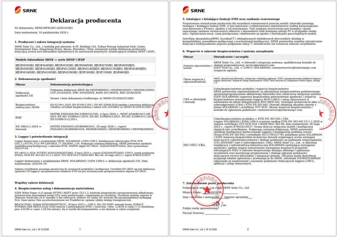 Bezpieczeństwo falowników SRNE — falownik hybrydowy HESP